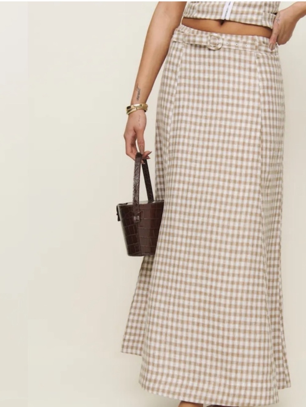Reformation Tan Gingham Linen Maxi Skirt w/ Belt Size 2